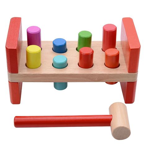 Childrens Wood Pound A Pegs Bench Hammer Baby Toddler Peg Wooden Game