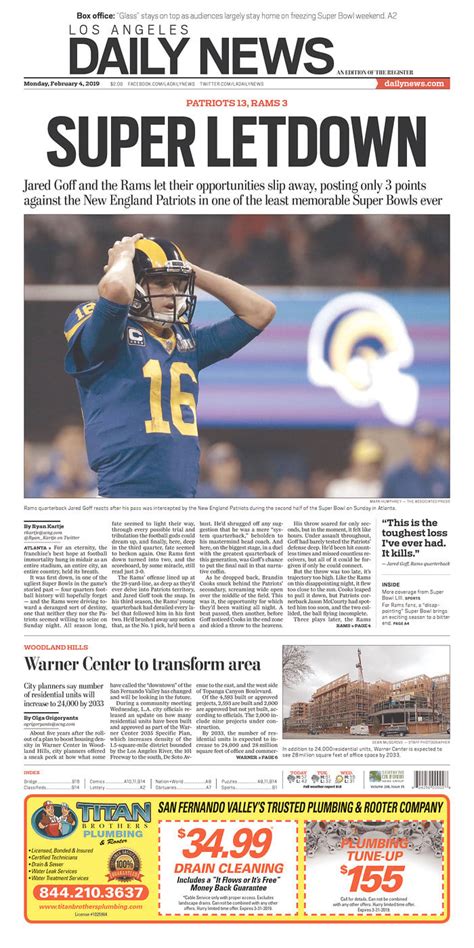 Patriots Rams Reactions Newspaper Front Pages After Super Bowl
