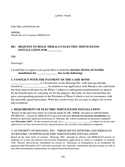 Undertaking letter format for picnic archives styleta org. Sample Letter to Meralco to Hold Installation of ...