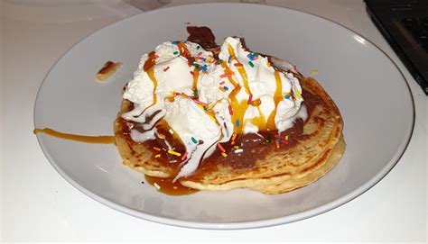 Homemade Pancakes Ice Cream Maple Syrup Nutella And Sprinkles