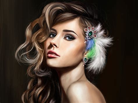 Art Fantasy Girl Beautiful Face Makeup Hair Feathers Jewelry