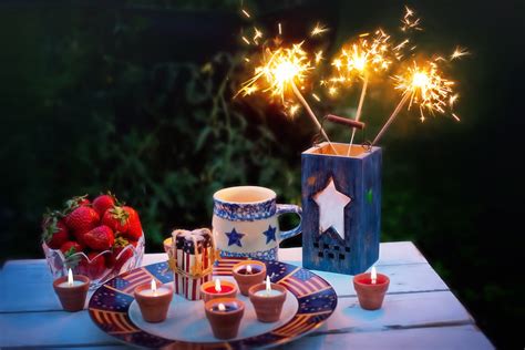Download Fireworks Still Life Strawberry Candle Independence Day