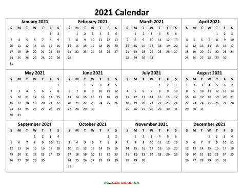 Yearly Calendar 2021 Free Download And Print