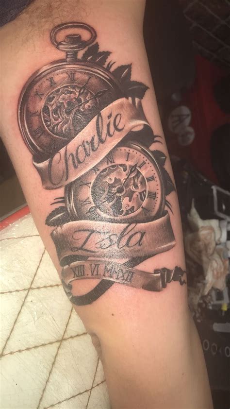 Ideas clock tattoo with name and date of birth. My 1st tattoo. 2 pocket watches with the times my children ...