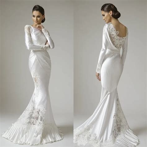 Mermaid Long Sleeves Appliques White Satin Lace Wedding Dresses 2015 New Sexy Slim Fitted Pretty