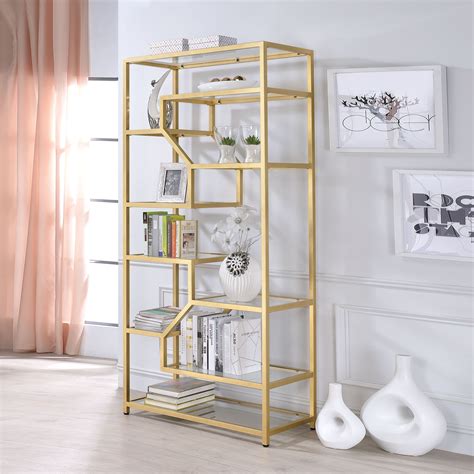 Acme Furniture Lecanga Clear Glass And Goldtone Metal Bookshelf