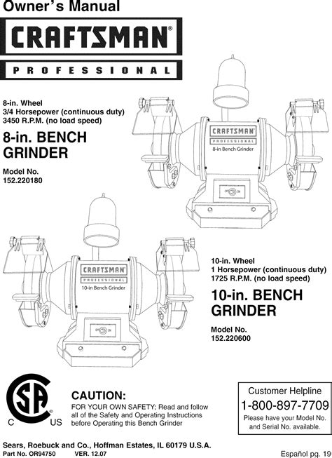 Craftsman 152220180 User Manual 10 BENCH GRINDER Manuals And Guides