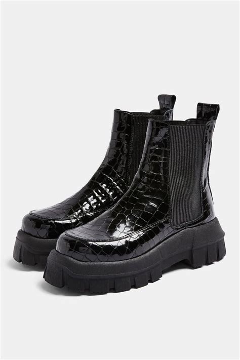 Alpha Black Crocodile Chunky Leather Chelsea Boots In 2020 Chelsea