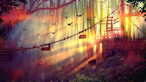 Digital Art Landscape Forest Sun Rays Birds Wallpapers