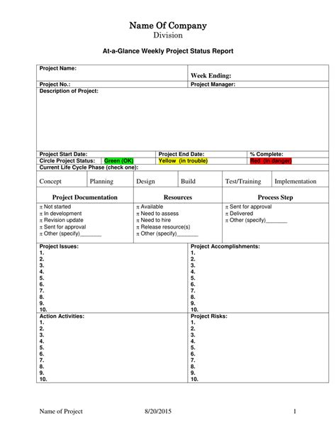 At A Glance Weekly Project Status Report Template Fill Out Sign