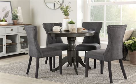 Kingston Round Grey Wood Dining Table With 4 Bewley Slate Chairs