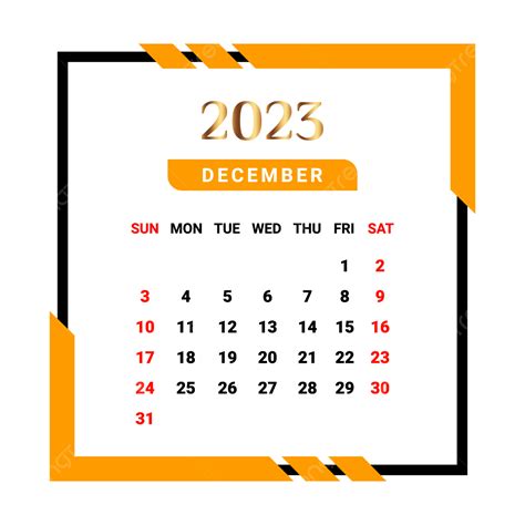Calendrier Du Mois De Décembre 2023 Avec Un Style Unique Jaune Et Noir