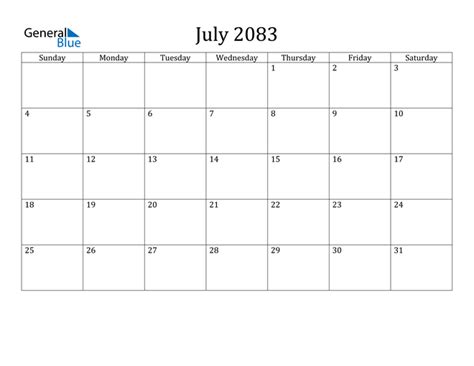 July 2083 Calendar Pdf Word Excel