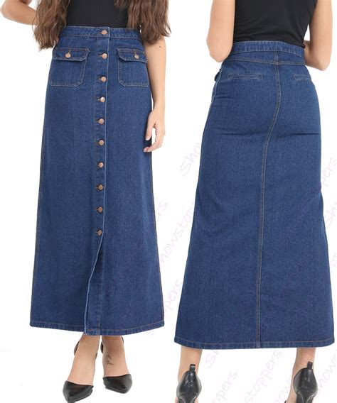 Womens Long Denim Skirt Ladies Button Skirts New Size 8 10 12 14 16