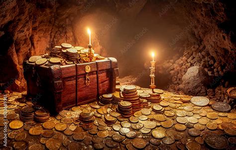 Old Pirate Treasure Chest Hidden In A Cave Many Gold Coins And Lights
