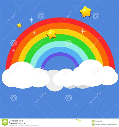 Rainbow In The Night Sky With Clouds And Stars Cartoon Vector