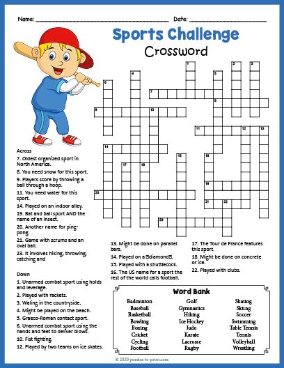 Printable Sports Crossword Puzzles For Kids