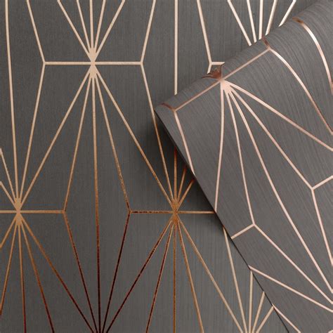 Kayla Metallic Geometric Wallpaper Rose Gold Charcoal
