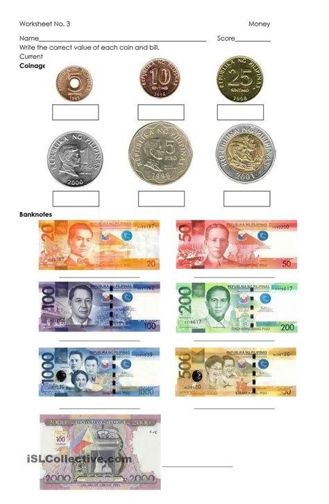 money philippine coins  bills money worksheets money