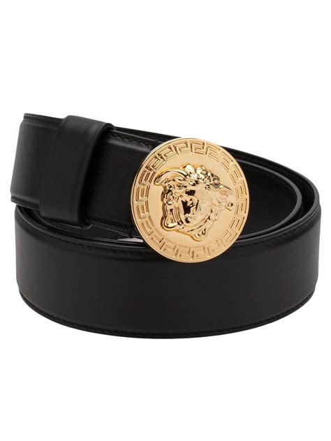 Black Leather Belt From Versace Featuring A Gold Plated Signature