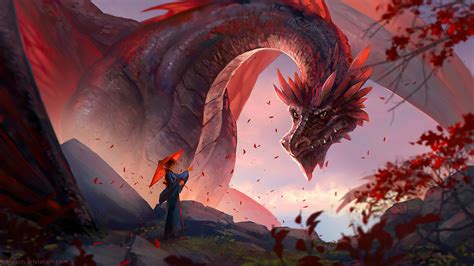 Woman And Giant Red Dragon 2560 X 1440 Hd Wallpapers