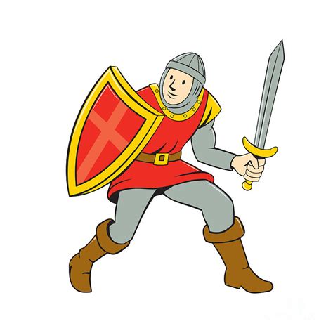 Medieval Knight Shield Sword Standing Cartoon Digital Art By Aloysius