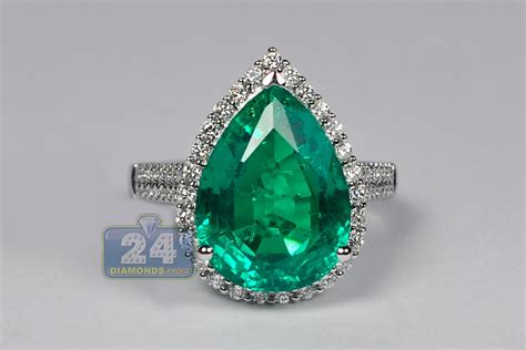 Emerald cut genuine emerald and diamond ring in 10kt white gold. Womens Pear Emerald Diamond Halo Ring 18K White Gold 8.71 ct