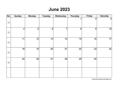 Free 2023 Calendar Blank June Template Horizontal Free Calendar