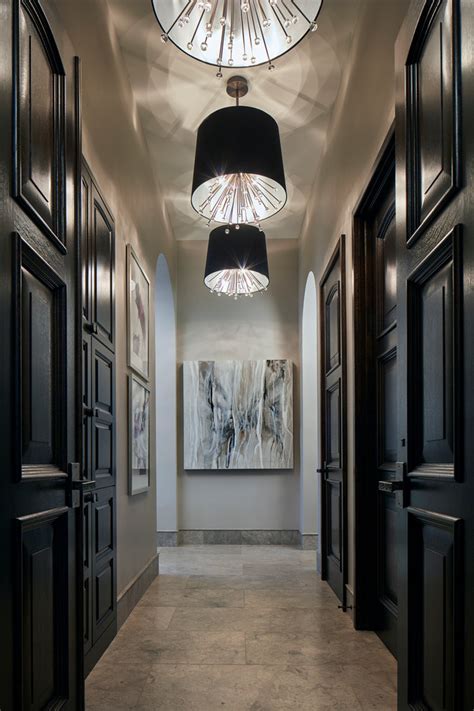 Master Bedroom Hallway With Three Drum Chandeliers Transitional