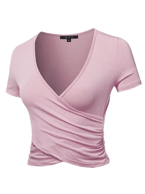 A Y Women S Deep V Neck Short Sleeve Unique Slim Fit Cross Wrap Shirt Crop Tops Dusty Pink M