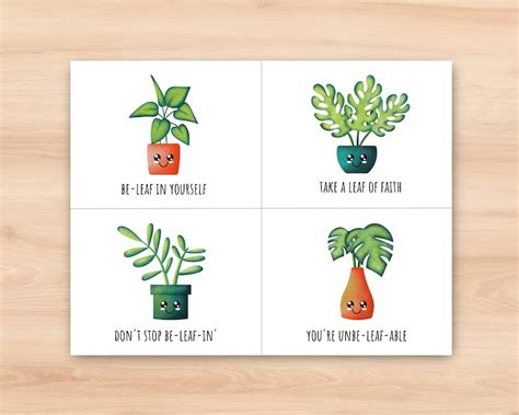 Printable Plant Pun Cards Beleaf In Yourself Keep Growing Leaf Pun