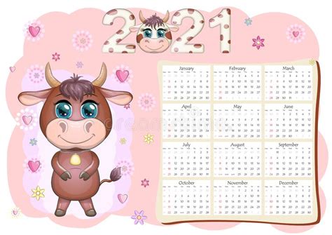 Calendar 2021 The Bull Is A Symbol Of The New Year Cartoon Cow Stock
