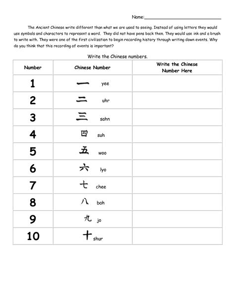 Chinese Character Numbers Worksheet