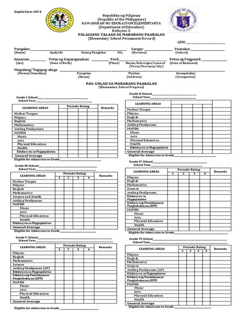 Palagiang Talaan Sa Mababang Paaralan Deped Form 137 E Pdf Value