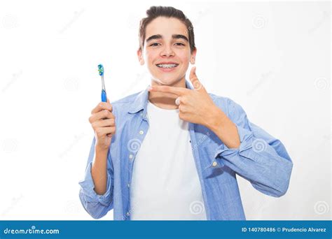 Young Smiling Showing Toothbrush Stock Photo Image Of Brushing Brush
