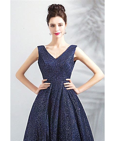 Classy Formal Navy Blue Sparkly Long Prom Dress V Neck Wholesale T69083