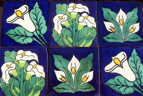7 5 6Mexican Talavera Pottery 4 Tile Hand Painted Calla Lily Flower