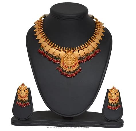 gold plated temple lakshmi necklace and earrings south india jewels
