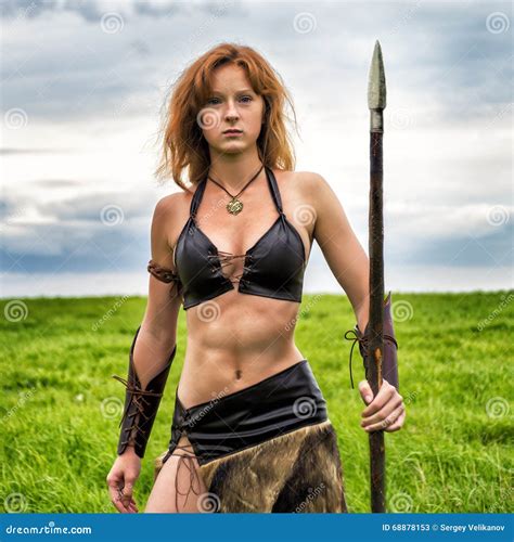 Girl Warrior In The Field Amazon On Patrol Stock Image Image Of