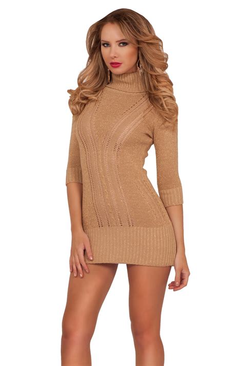 34 Sleeves Open Cable Stitch Sweater Winter Seasonal Turtleneck Sexy Dress
