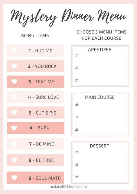 The idea is that we're together, with friends, showing our love for them! Printable Valentine Mystery Dinner Menus | Making Life ...