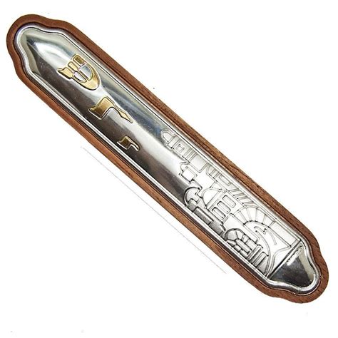 Decorated Mezuzah Case Shedai Silver Plated 925 Jerusalem Wood And Metal