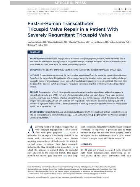 Pdf First In Human Transcatheter Tricuspid Valve Repair In A Patient