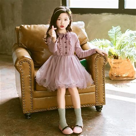 2018 New Kids Dress Girls Autumn Solid O Neck Dress 4 12 Years Old