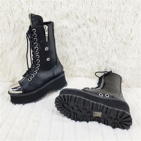 Gravedigger 14 Black Chrome Toe Plate Lace Up Zipper Boots Men Us Sizes Goth Ny Ebay