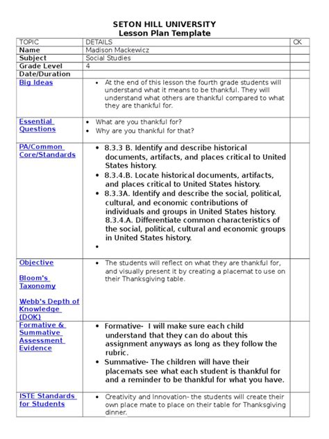 Lesson Plan Template 4 Placemat Lesson Plan Educational Assessment