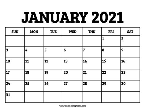 Free January Calendar 2021 Printable Template Blank I