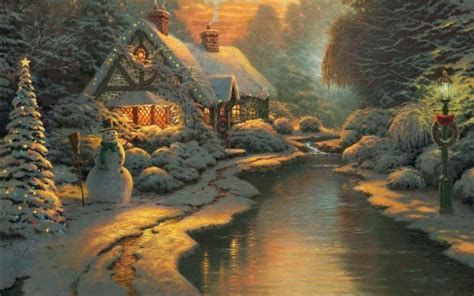 Wallpaper 1920x1080 Px Bridge Chimneys Cottage Painting Snow