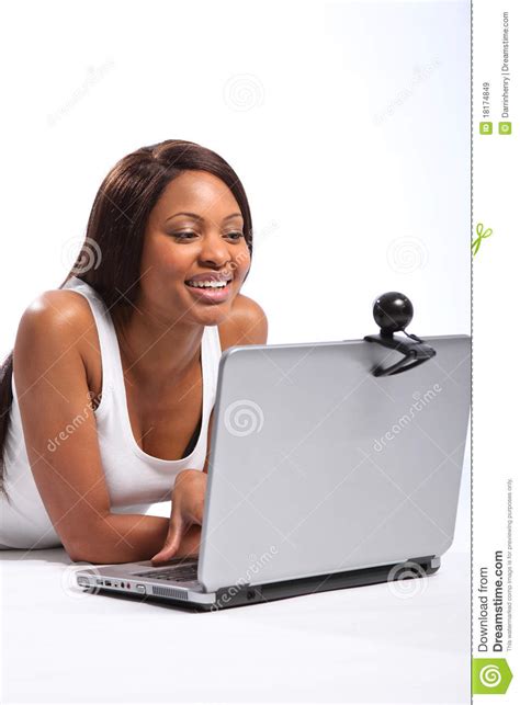 Happy Black Woman Using Webcam On Laptop Stock Image Image Of Person