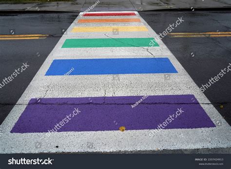 Rainbow Flag Pedestrian Crossroad Sidewalk Crosswalk Stock Photo